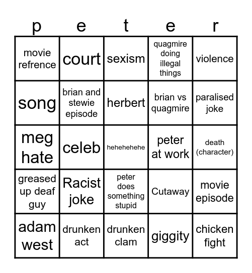 family guy bingo Card