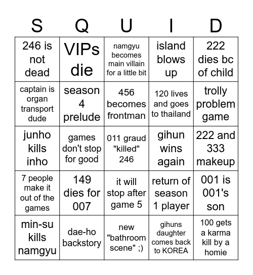 squid game season 3 Bingo Card