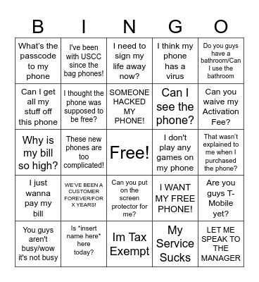 Customer Bingo Card