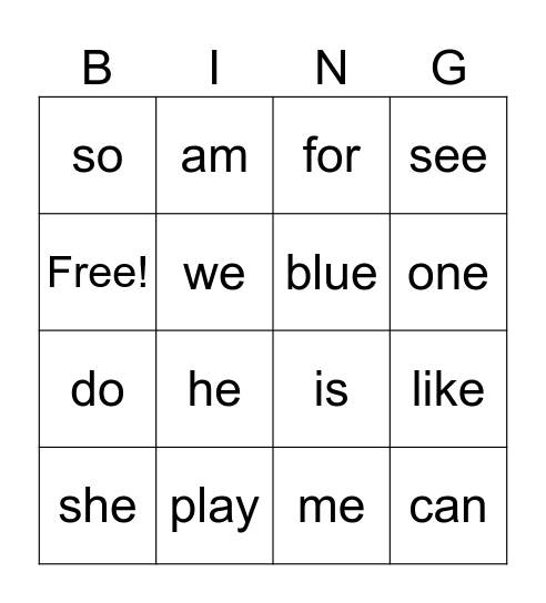 Sight Words Bingo Card