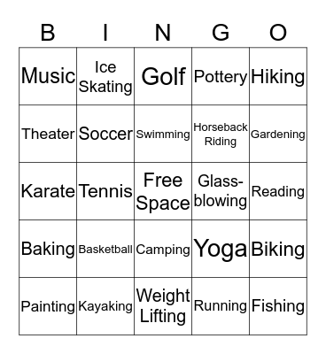 Leisure Bingo Card