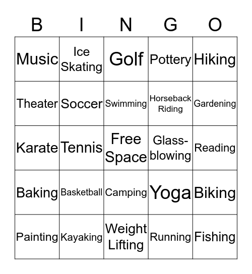 Leisure Bingo Card