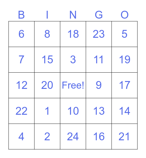Test number Bingo Card