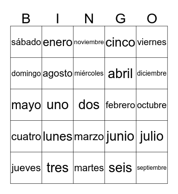 Días de la semana y meses del año Bingo Card