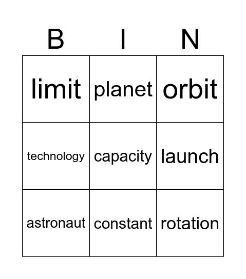Space Unit 7 Bingo Card
