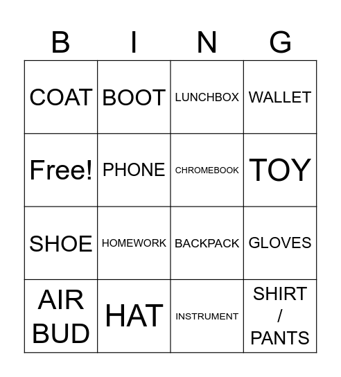 LOST ITEM BINGO Card