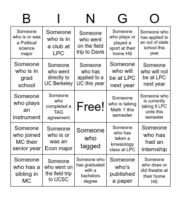 Middle College Bingo Card