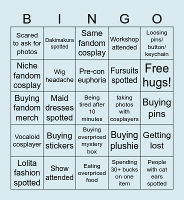 Anime and manga convention Bingo Card