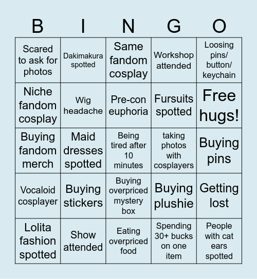 Anime and manga convention Bingo Card