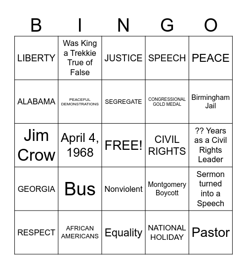 MARTIN LUTHER KING Bingo Card