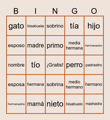 U3 La familia en español Bingo Card
