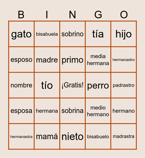 U3 La familia en español Bingo Card