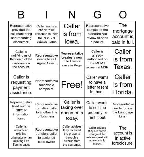 Life Events Call Bingo Card