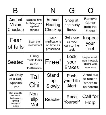 Fall Prevention Bingo Card