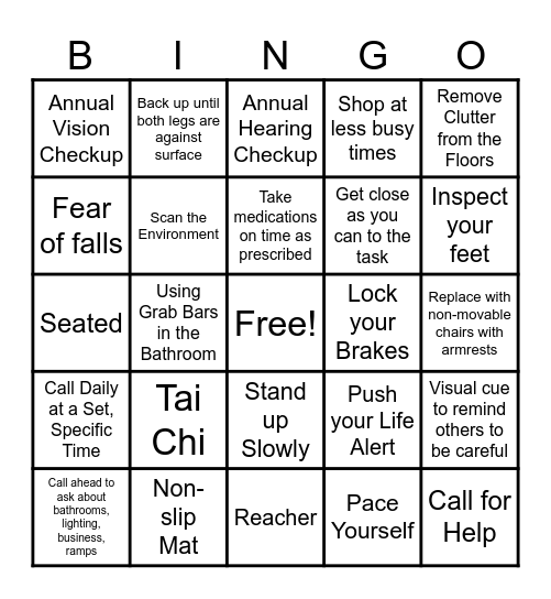 Fall Prevention Bingo Card