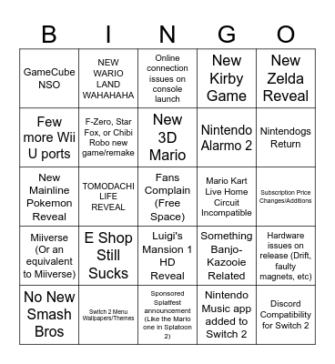 Nintendo 2025 Bingo Card