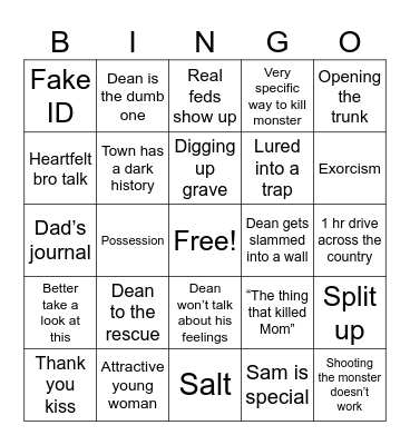 Supernatural Bingo Card