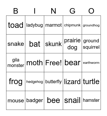 Hibernating Animals Bingo Card