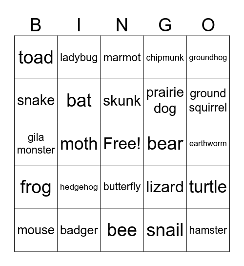 Hibernating Animals Bingo Card