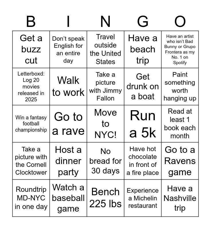 Kyle’s 2025 Bingo Card