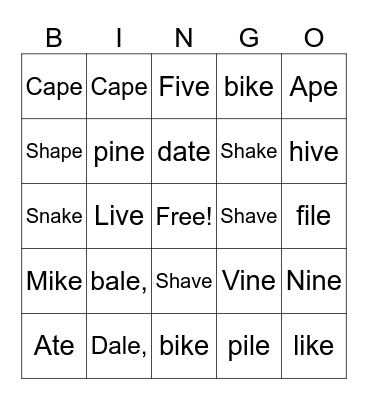CVC-e /a/ and /i/ Bingo Card