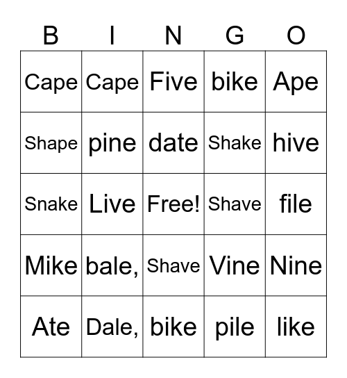 CVC-e /a/ and /i/ Bingo Card