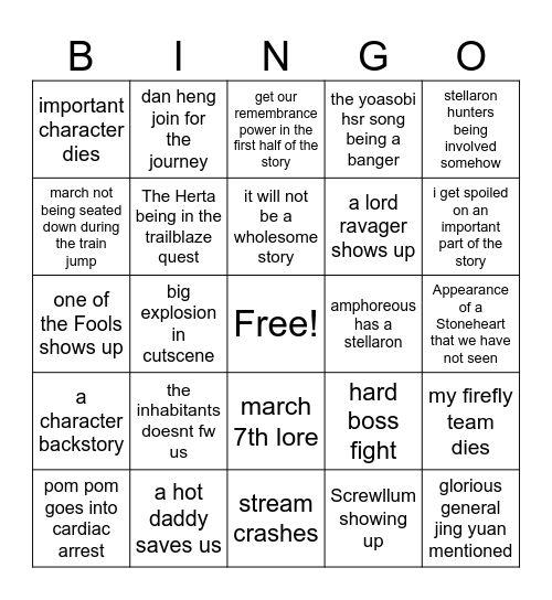 HSR 3.0 Quest Bingo Card