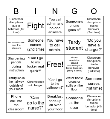 Classroom Disruptions ~ 2025 Bingo Card