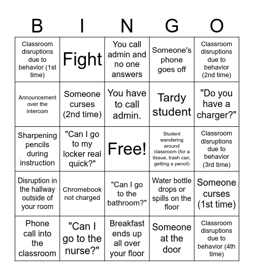 Classroom Disruptions ~ 2025 Bingo Card