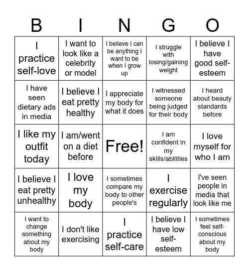 Body Image & Self-Esteem Bingo Card