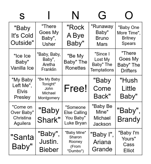 Baby Shower S-I-N-G-O Bingo Card