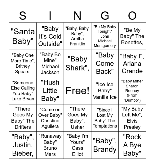 Baby Shower Singo Bingo Card