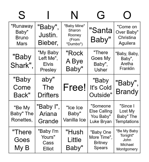 Baby Shower Singo Bingo Card