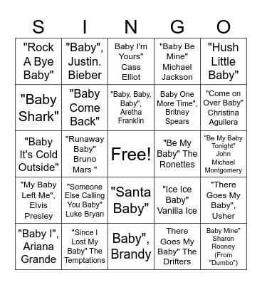 Baby Shower Singo Bingo Card