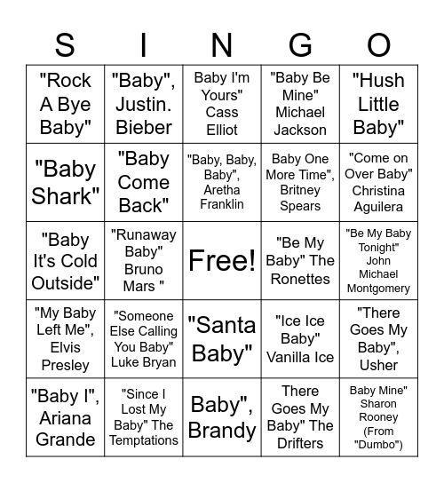 Baby Shower Singo Bingo Card