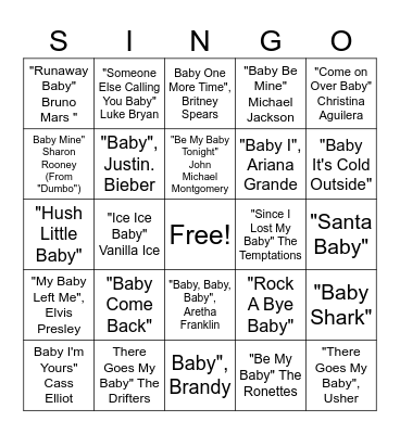 Baby Shower Singo Bingo Card