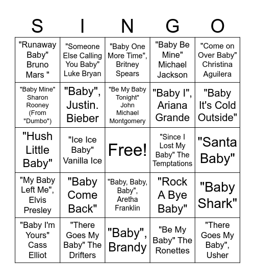 Baby Shower Singo Bingo Card