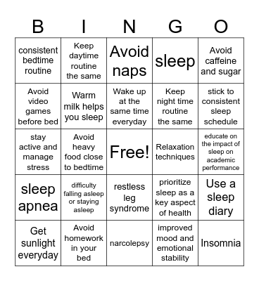 Good Sleep Hygiene Bingo Card