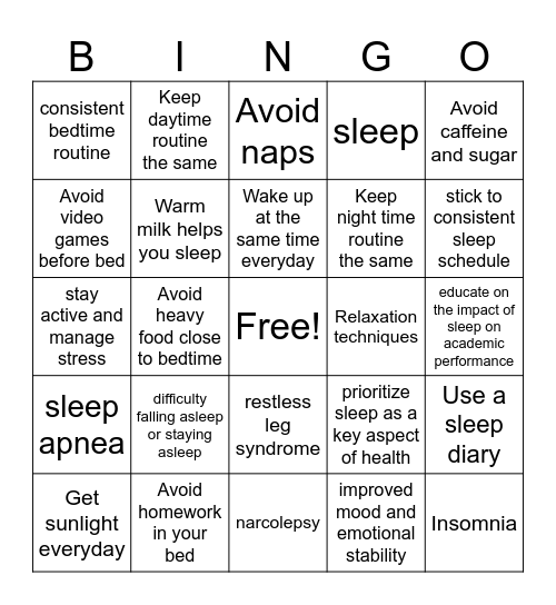 Good Sleep Hygiene Bingo Card