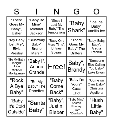 Baby Shower Singo Bingo Card