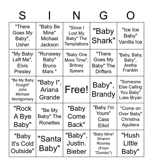 Baby Shower Singo Bingo Card