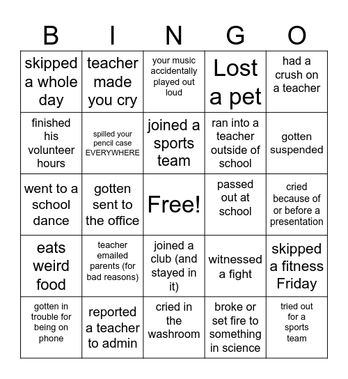 Bingo Students Bingo Card