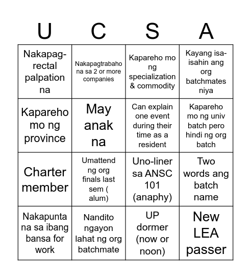 UPCSA Social Bingo Card