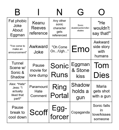 Sonic 3 Bingo Card