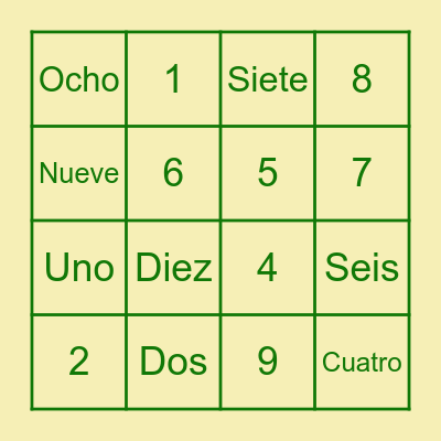 Learning Spanish-Numbers Bingo Card