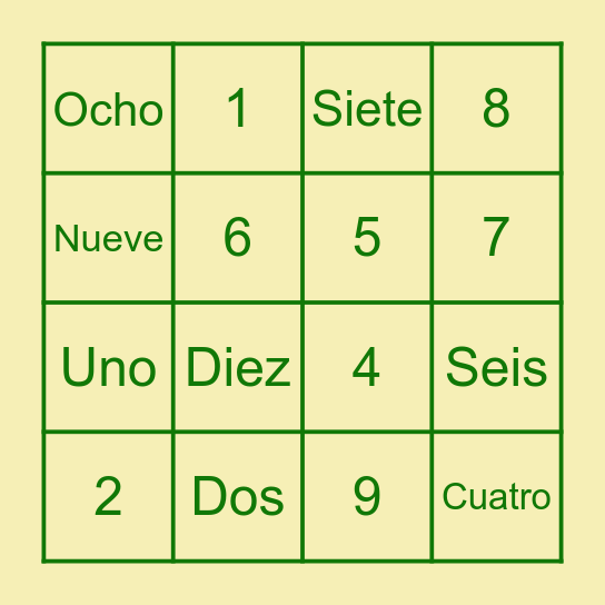 Learning Spanish-Numbers Bingo Card