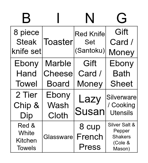 Tina's Shower BINGO Card