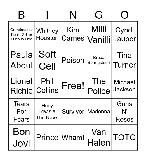 1980s Bingo Card