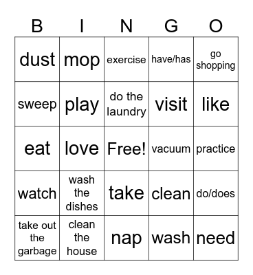 Household Charades Bingo Card