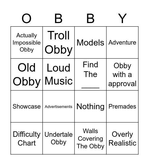 Roblox Obby Creator Bingo Card